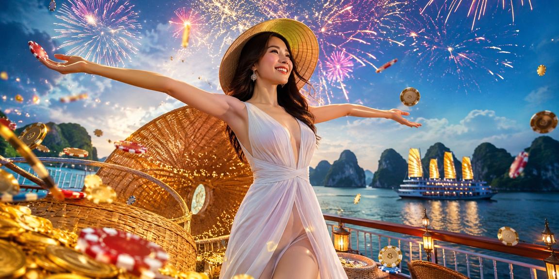 Cảnh Hạ Long Bay với hình ảnh người dùng trải nghiệm cược trực tuyến qua điện thoại di động bên bờ vịnh