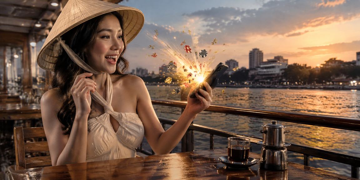 Người dùng Hà Nội tra cứu FAQ trên điện thoại di động với nón lá truyền thống